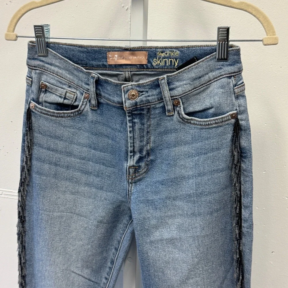 7 For All Mankind Luxe Vintage Ankle Skinny Jeans Beaded Fringe W28 Festival